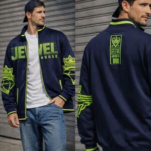 Y2K Streetwear Jewel House XL Blue Neon Green Zip Track Jacket Graphic Compass